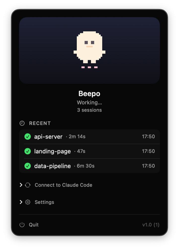 Beepo's menu-bar popover showing three live Claude Code sessions